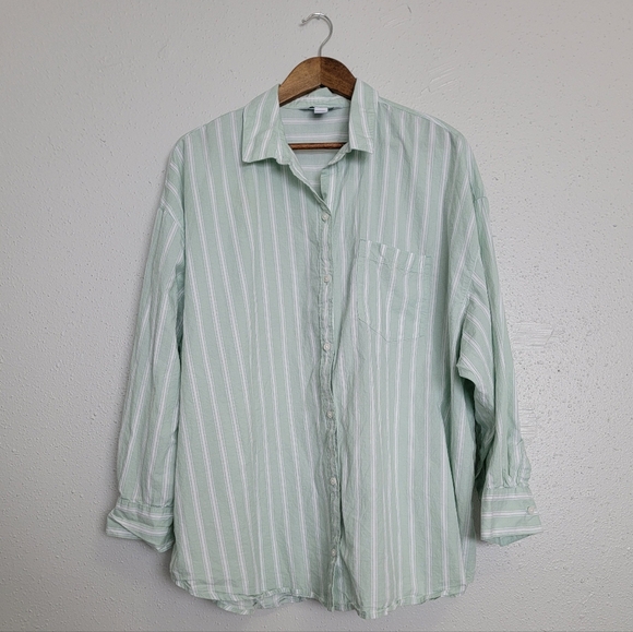 Old Navy Tops - Old Navy Green The Boyfriend Shirt Pinstripe Button Down